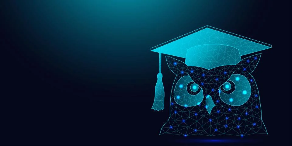 Low poly wireframe owl wearing a graduation cap on a dark background. Illustrazione stock