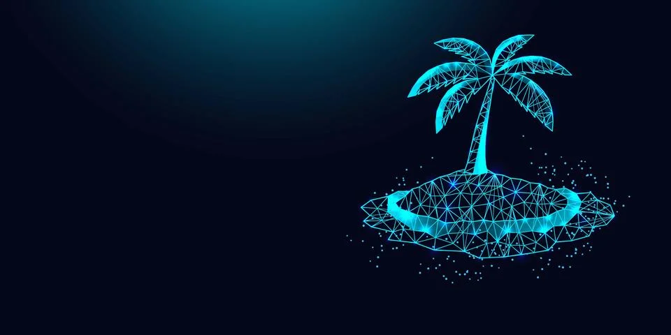 Low poly wireframe palm tree on island on dark blue background. Illustrazione stock
