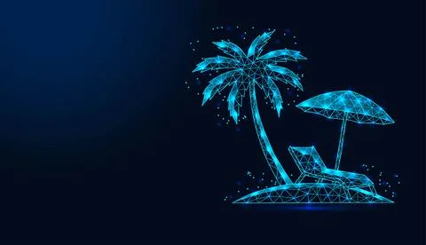 Low poly wireframe palm tree, sun lounger and umbrella on beach island. Stock Illustration