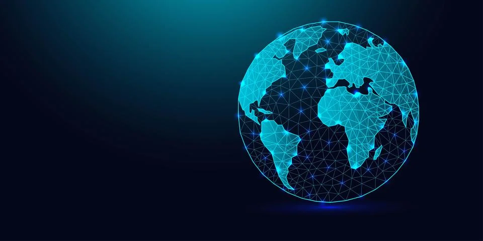 Low poly wireframe planet Earth on dark blue background. Illustrazione stock