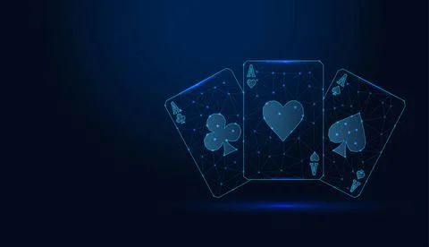 Low poly wireframe playing cards with aces on dark blue background. Stock Illustration