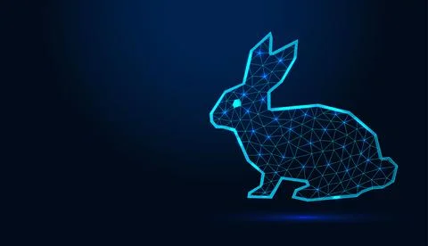 Low poly wireframe rabbit sitting profile on dark blue background. Stock Illustration
