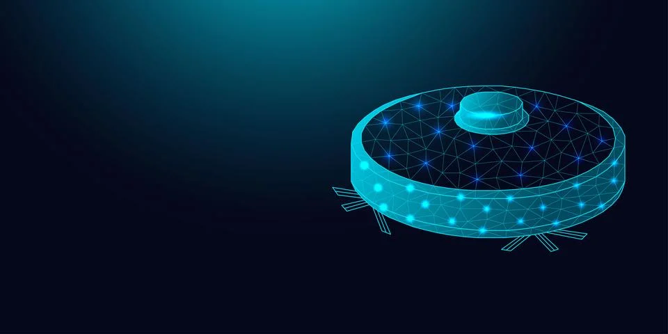 Low poly wireframe robot vacuum cleaner on dark blue background. Ilustração Stock