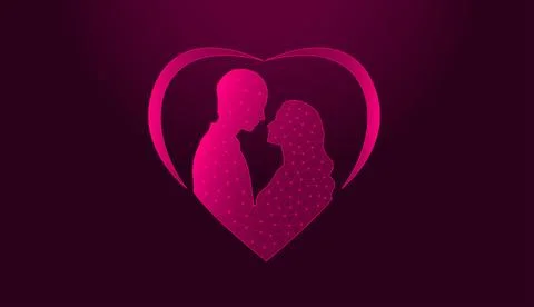 Low poly wireframe of a romantic couple in a heart on dark pink background. Illustration
