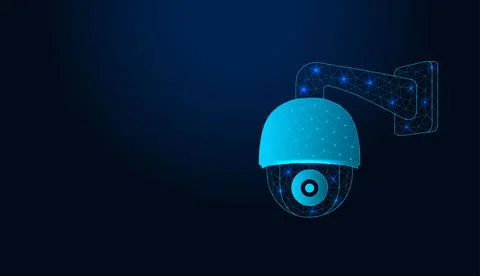 Low poly wireframe security dome camera on dark blue background. イラスト素材