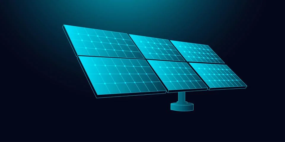Low poly wireframe solar panels on dark blue background. Stock-Illustration