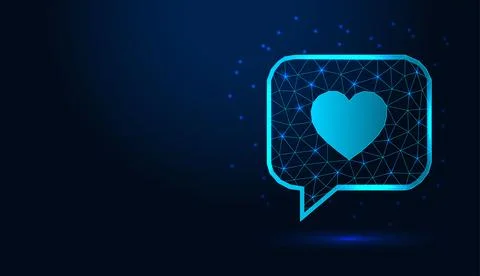 Low poly wireframe speech bubble with heart icon on dark blue background. Stock Illustration