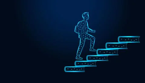 Low poly wireframe student climbing stairs made of books on dark blue background Ilustración de archivo
