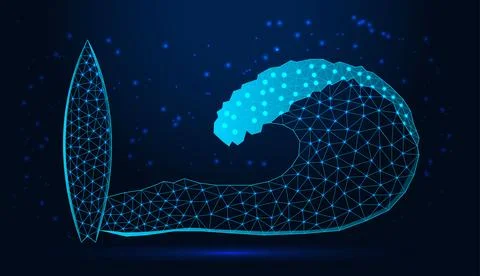 Low poly wireframe surfboard and ocean wave on dark blue background. Illustrazione stock
