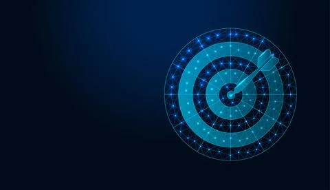 Low poly wireframe target with arrow on dark blue background. Stock Illustration