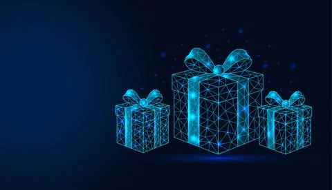 Low poly wireframe three gift boxes with bows on dark blue background. Stock Illustration