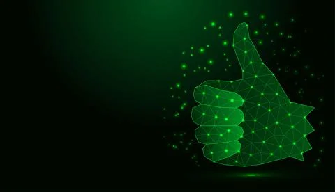 Low poly wireframe thumbs up on dark background. Иллюстрация