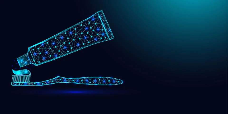 Low poly wireframe toothbrush and toothpaste tube on dark blue background. 스톡 일러스트