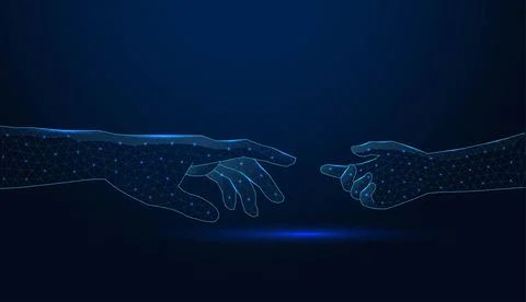 Low poly wireframe two hands reaching each other on dark blue background. 스톡 일러스트