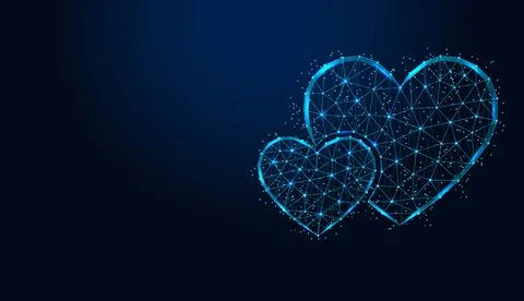 Low poly wireframe two hearts on dark blue background. Stock Illustration