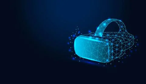 Low poly wireframe virtual reality headset on dark blue background. Stock Illustration