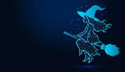 Low poly wireframe witch flying on broomstick on dark blue background. Stock Illustration