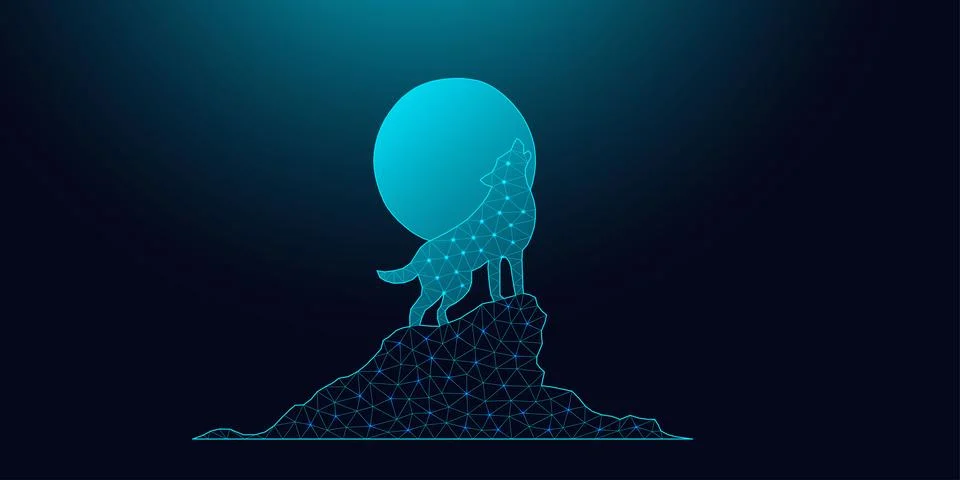 Low poly wireframe wolf howling at the full moon on dark blue background. Ilustração Stock
