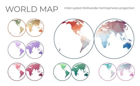 Low Poly World Map Set. Mollweide projection interrupted into two (equal-ar.. Stock Illustration