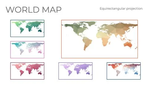Low Poly World Map Set. Equirectangular (plate carree) projection. Collecti.. 库存插图