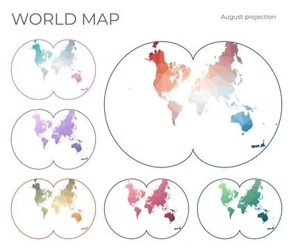 Low Poly World Map Set. August's epicycloidal conformal projection. Collect.. Stock Illustration