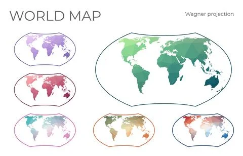 Low Poly World Map Set. Wagner projection. Collection of the world maps in .. Ilustração Stock