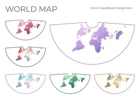 Low Poly World Map Set. Conic equidistant projection. Collection of the wor.. Ilustração Stock