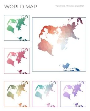 Low Poly World Map Set. Transverse spherical Mercator projection. Collectio.. Stock Illustration