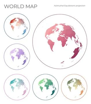 Low Poly World Map Set. Azimuthal equidistant projection. Collection of the.. Stock Illustration