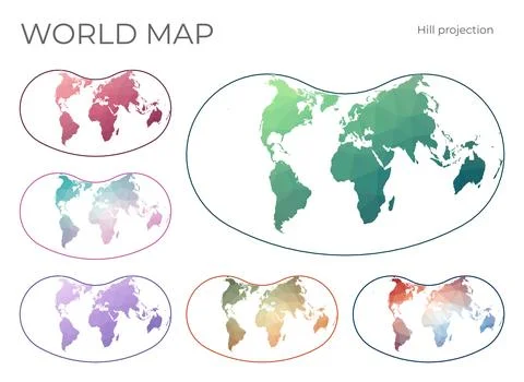 Low Poly World Map Set. Hill eucyclic projection. Collection of the world m.. Fotos de archivo