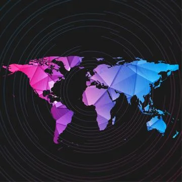 Low poly world map with thin round lines tech background Stock Illustration