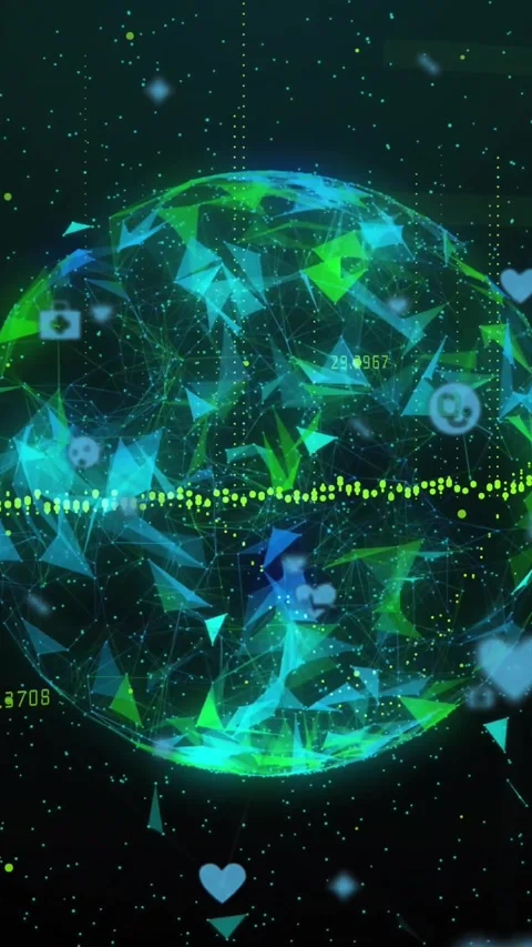 Low-polygon globe rotating in dark data space, data feed updating waveform, Stock Footage 330605375