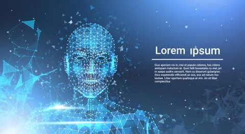 Low Polygon Human Face Wireframe Mash On Blue Template Background With Copy Stock Illustration