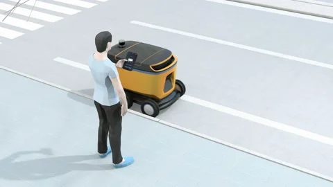 Low polygon style man using smartphone to unlock  delivery robot's door Stock Footage 109603947