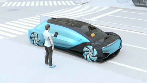 Low polygon style people use smartphone to unlock a self driving car's door Stock Footage 109604242