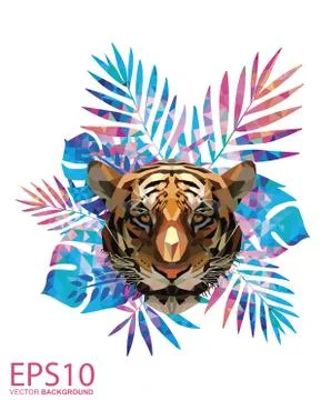 Low polygon tiger head and Colorful tropical leaf pattern background. Illustr Illustrazione stock