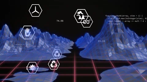 Low-polygon valley responding to magenta grid pulse, hex icons appearing, Stock Footage 328469476