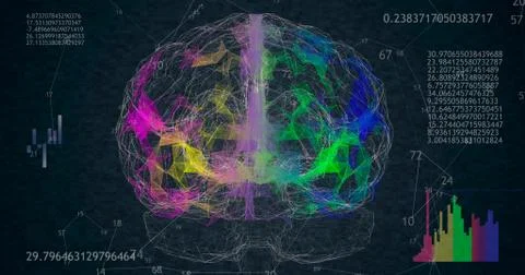 Low polygonal brain 3D model on black background with animated numbers and di Stock Illustration