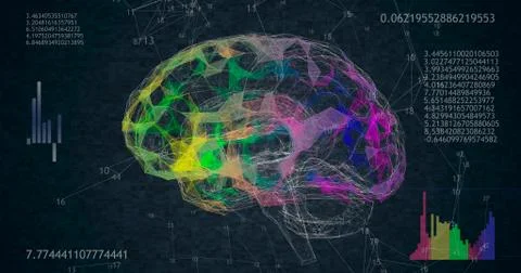Low polygonal brain 3D model on black background with animated numbers and di Stock Illustration