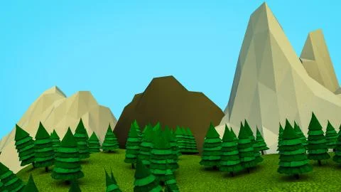 Low polygonal trees and mountains. Landscape. Computer graphics. 3D rendering Stockillustratie