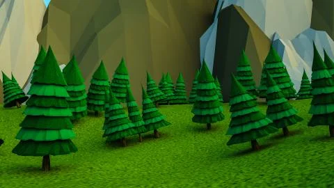 Low polygonal trees and mountains. Landscape. Computer graphics. 3D rendering Stockillustratie