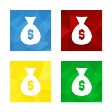 Low polygonal triagonal button with flat white icon for bag of money with dol Stock Illustration
