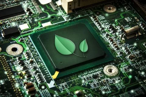 Low-power processor concept with green leaf symbol Stock Photos