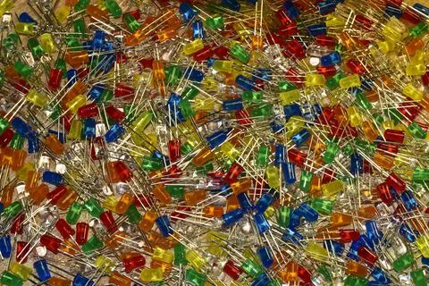 Low-power semiconductor LEDs in a colored plastic casing with a diameter of 5 Stock Photos