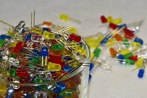 Low-power semiconductor LEDs in a colored plastic casing with a diameter of 5 Stock Photos