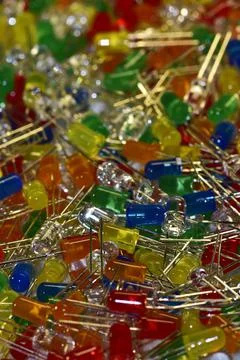 Low-power semiconductor LEDs in a colored plastic casing with a diameter of 5 Stock Photos