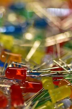 Low-power semiconductor LEDs in a colored plastic casing with a diameter of 5 Stock Photos