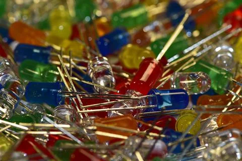 Low-power semiconductor LEDs in a colored plastic casing with a diameter of 5 Stock Photos