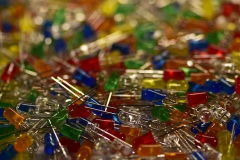 Low-power semiconductor LEDs in a colored plastic casing with a diameter of 5 Stock Photos