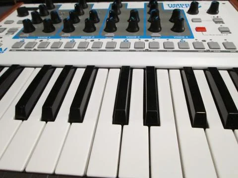Low profile shot of a keyboard/synthesizer Stock Photos